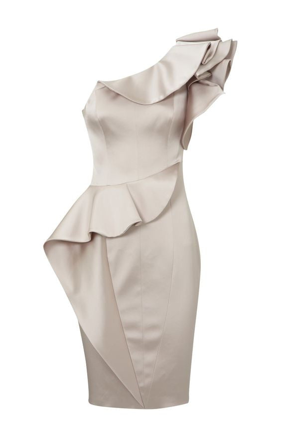 karen millen one shoulder ruffle dress Black Compact Stretch Taffeta Ruffle One Shoulder Midi Dress