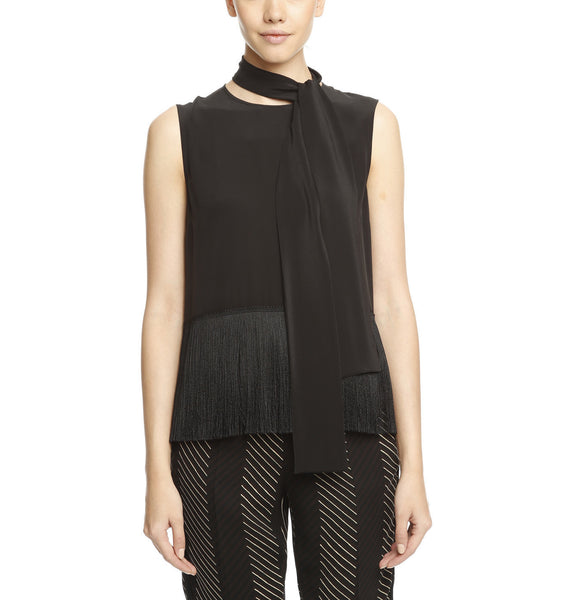 Black Silk Fringe Sleeveless Top
