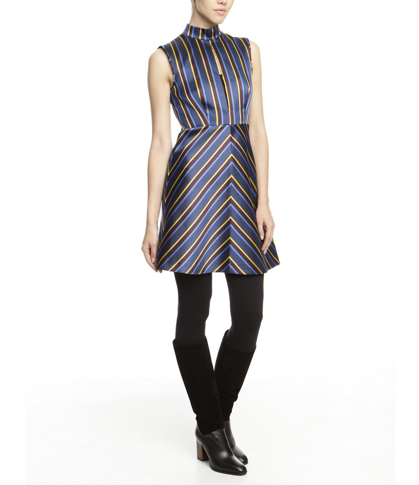 Navy Sleeveless Striped A-Line Dress - CURATORZ Navy Sleeveless Striped A-Line Dress - CURATORZ