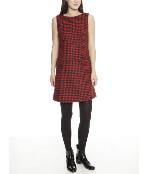 Red Houndstooth Sleeveless Boucle Dress