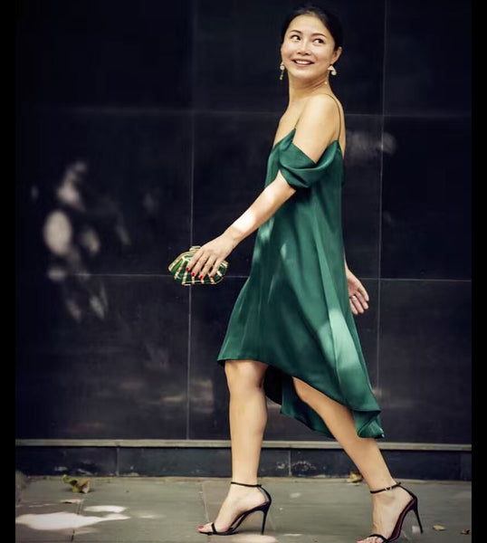 Dark Green Off-Shoulder Silk Dress