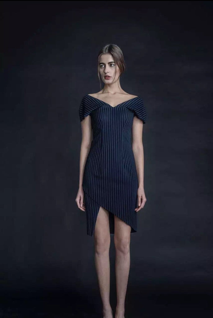 Blue Pinstripe Asymmetrical Dress