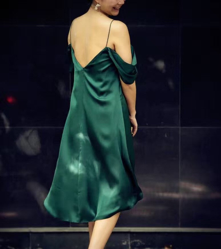 Dark Green Off-Shoulder Silk Dress