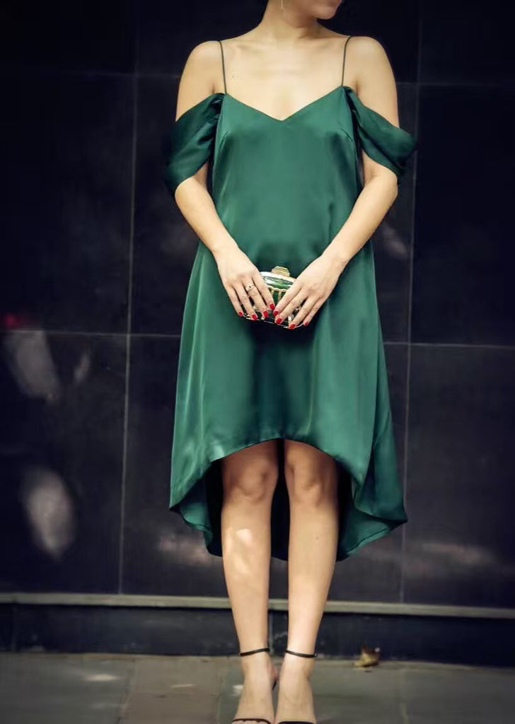 Dark Green Off-Shoulder Silk Dress