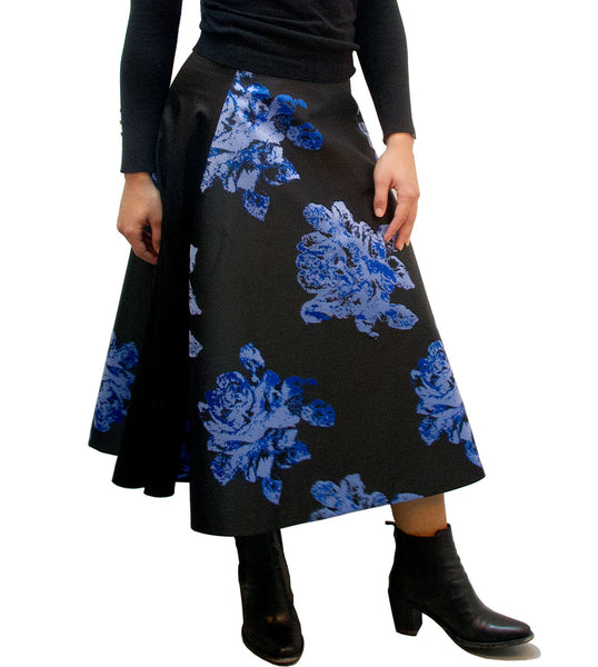 Off-Runway Blue Flower Long Black Skirt