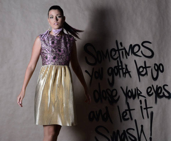 Rose Jacquard & Gold Pleated Lamé Dress