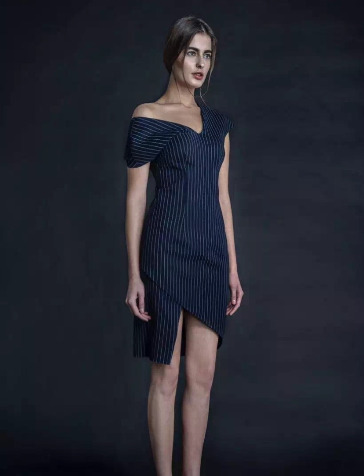 Blue Pinstripe Asymmetrical Dress