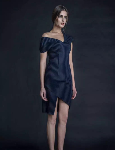 Blue Pinstripe Asymmetrical Dress
