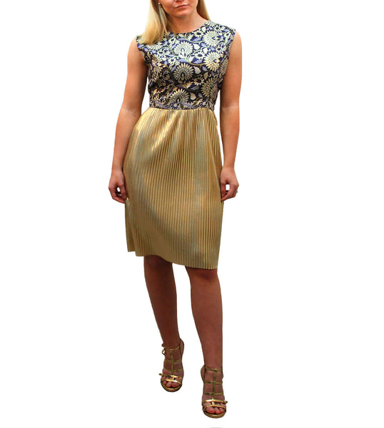 Blue Jacquard & Gold Pleated Lamé Dress