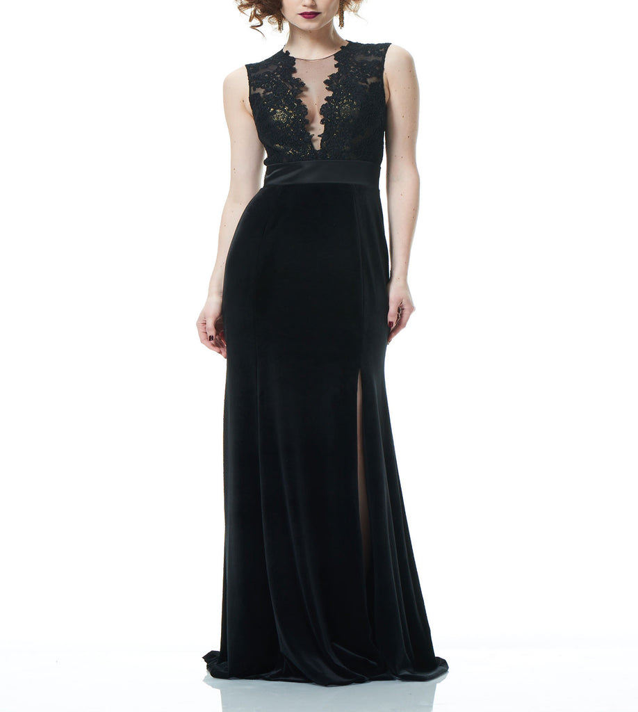 Black Corded Lace / Metallic Bodice Velvet Gown