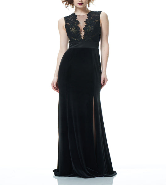 Black Corded Lace / Metallic Bodice Velvet Gown