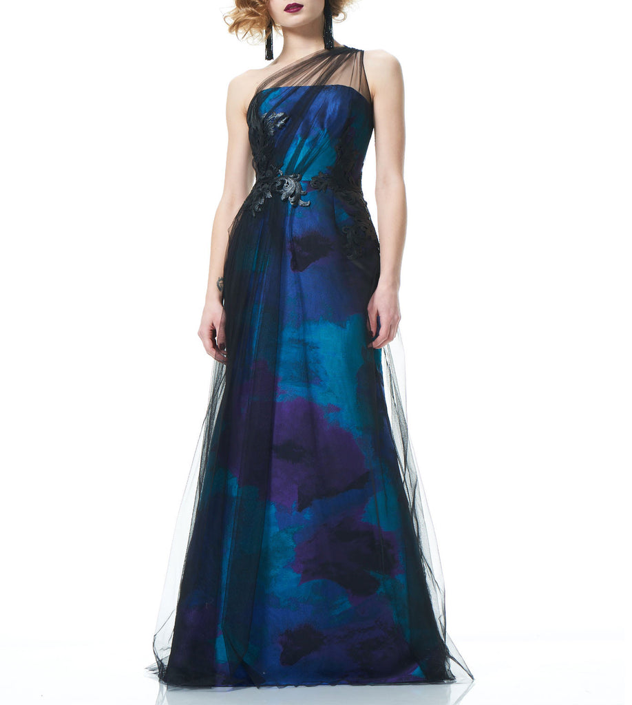 Turquoise Draped Tulle Gown