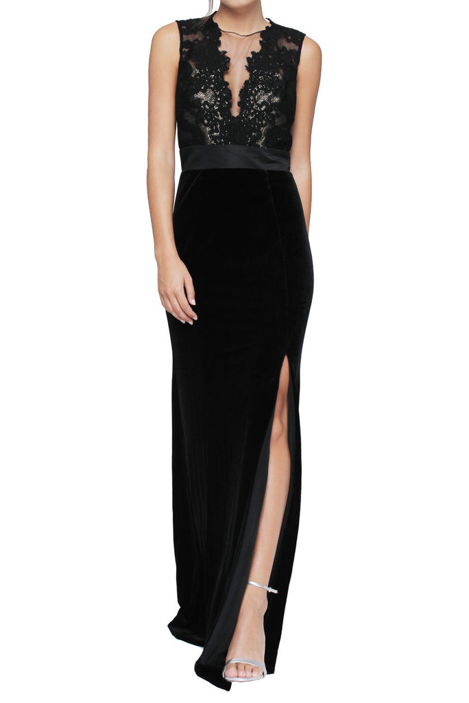 Black Corded Lace / Metallic Bodice Velvet Gown